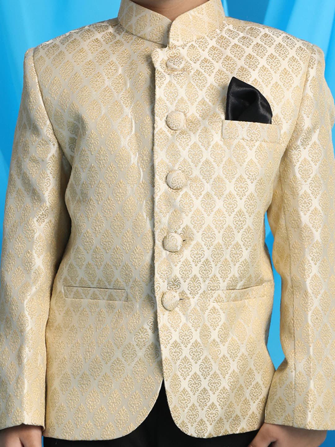 VASTRAMAY Boys Slim-Fit Woven Design Banarasi Jacquard Bandhgala Blazer