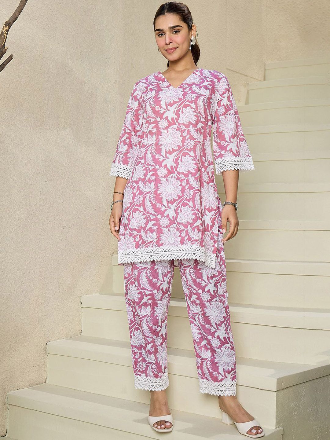 Indo Era Floral Printed V Neck Pure Cotton A-Line Kurta with Trousers