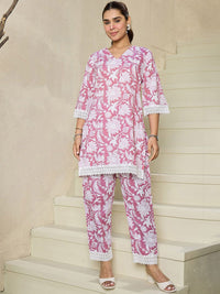 Indo Era Floral Printed V Neck Pure Cotton A-Line Kurta with Trousers