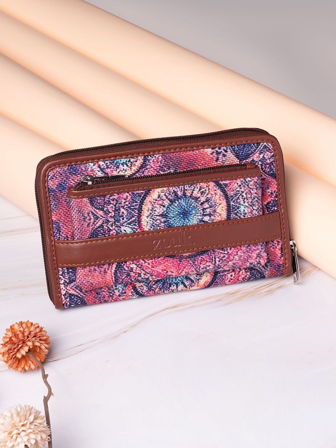 ZOUK Women Pink & Blue Printed Vegan Leather Zip Around Wallet