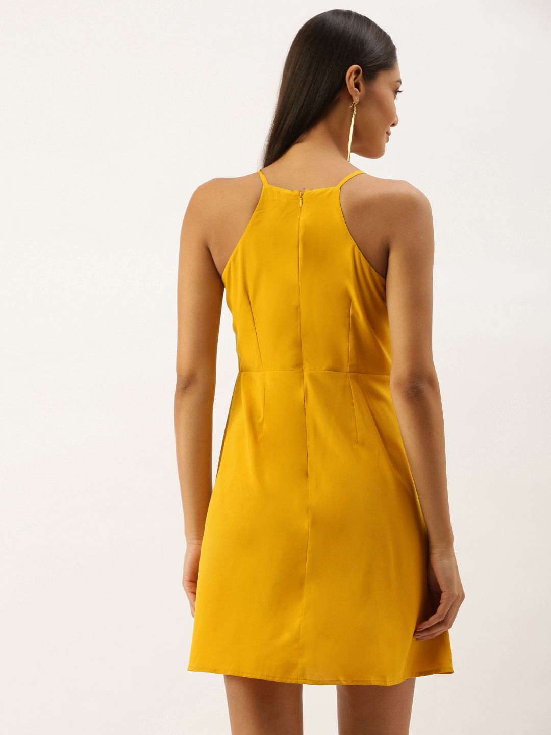 Berrylush Women Mustard Yellow Solid Pleated Ruffled A-Line Dress