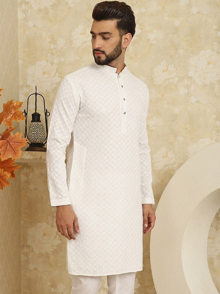 SOJANYA Ethnic Motifs Embroidered Sequinned Mandarin Collar Pure Cotton Kurta