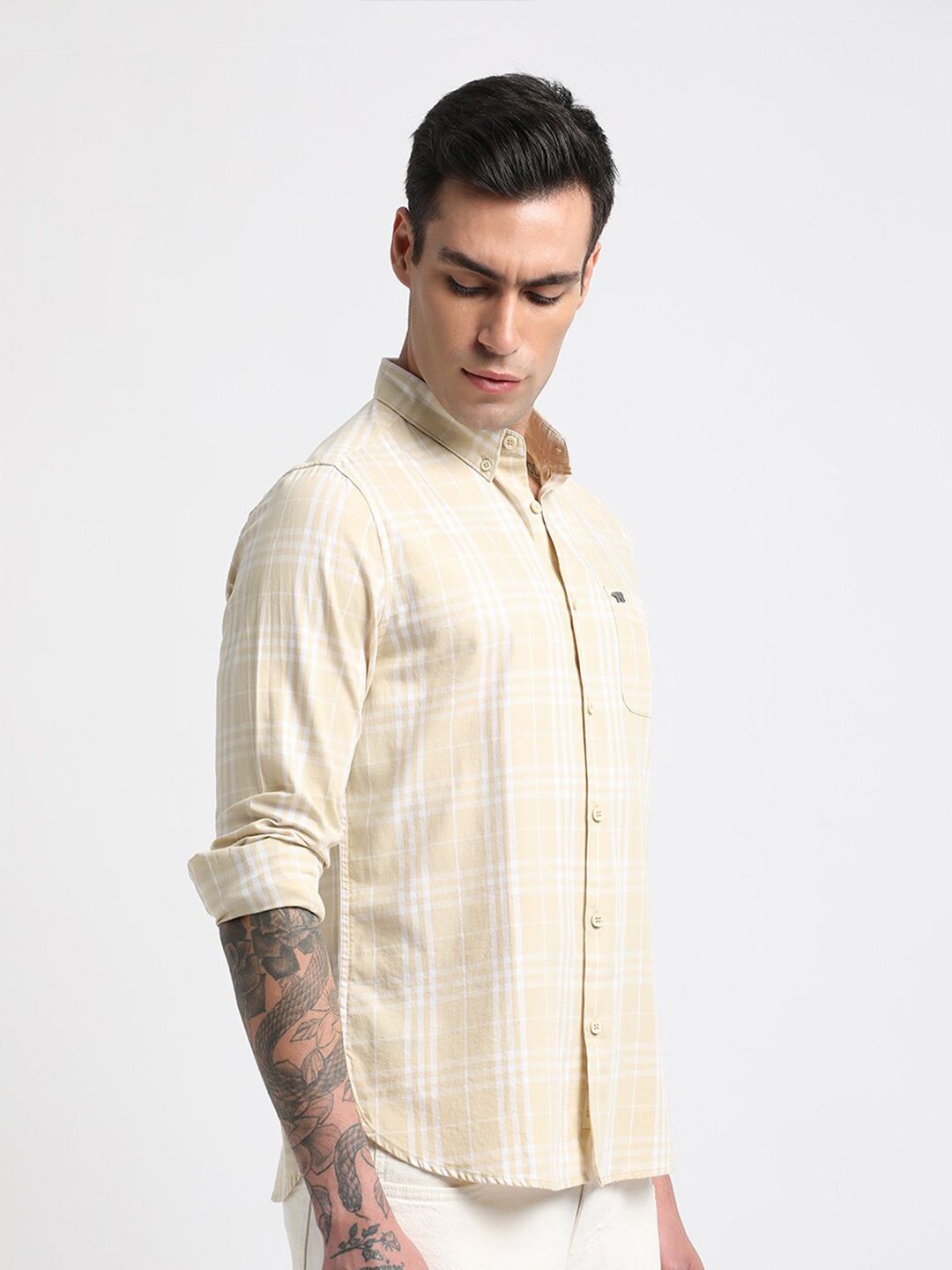 THE BEAR HOUSE Slim Fit Checked Button-Down Collar Twill Weave Pure Cotton Casual Shirt