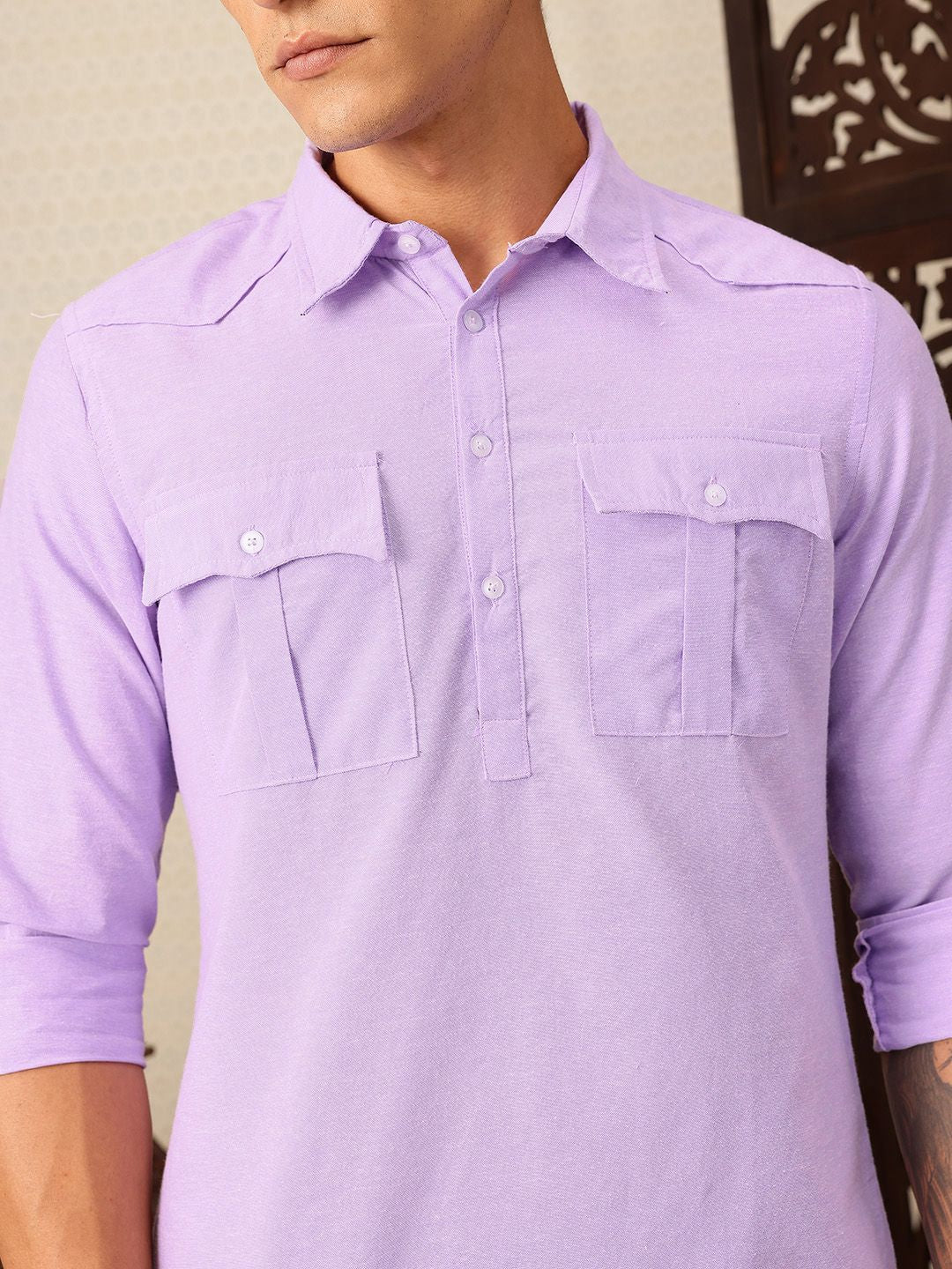 House of Pataudi Shirt Collar Pocket Detailing Rozana Kurta
