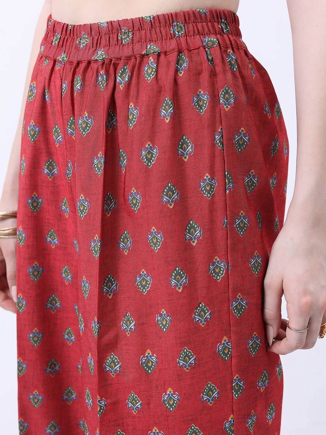 Vishudh Red & Green Floral Printed Kurta With Palazzos & Dupatta