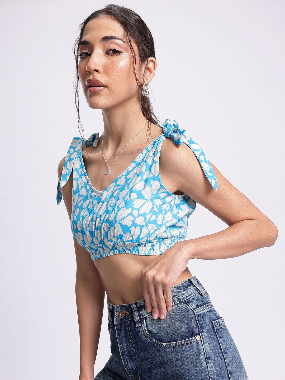 DressBerry Floral Frenzy Tie-Up Detail Smocked Crop Top