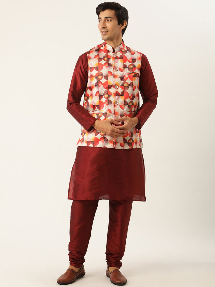 SOJANYA Men Maroon Solid Kurta with Churidar & Nehru Jacket