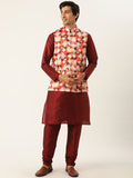 SOJANYA Men Maroon Solid Kurta with Churidar & Nehru Jacket