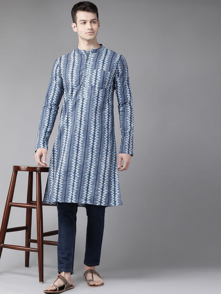See Designs Men Blue Geometric Print Block Print Handloom Pure Cotton Straight Kurta