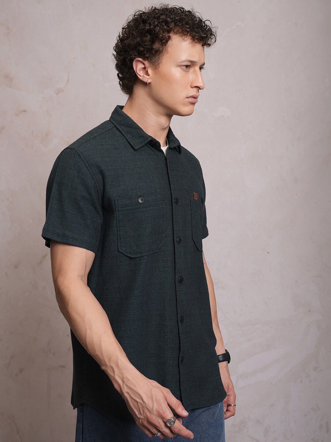Locomotive Men Black Dobby Textured Checked Utility Pocket Regular Shirt