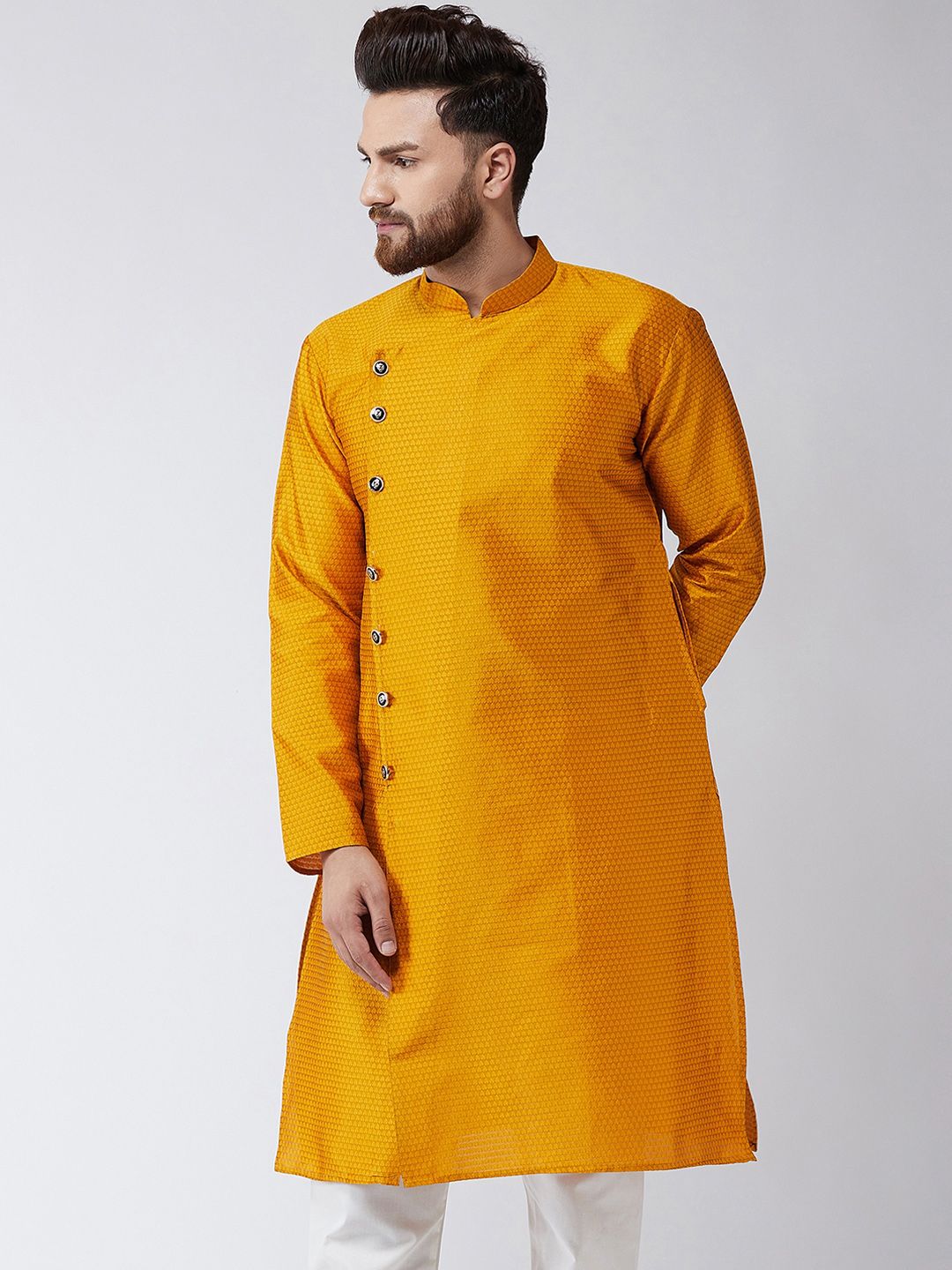 SOJANYA Lelaki Mustard Tenun Kuning Design Kurta Lurus
