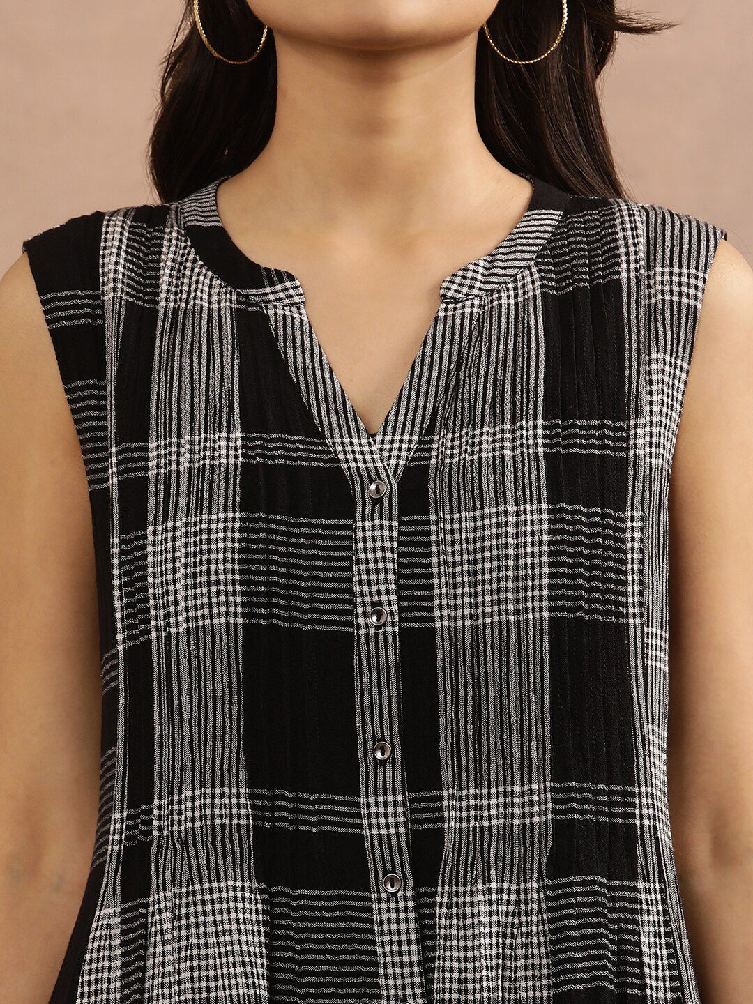 W Checked Mandarin Collar A-Line Midi Dress