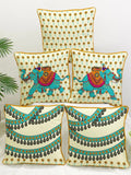 STITCHNEST Blue & Cream-Coloured Set of 5 Floral Velvet Square Cushion Covers