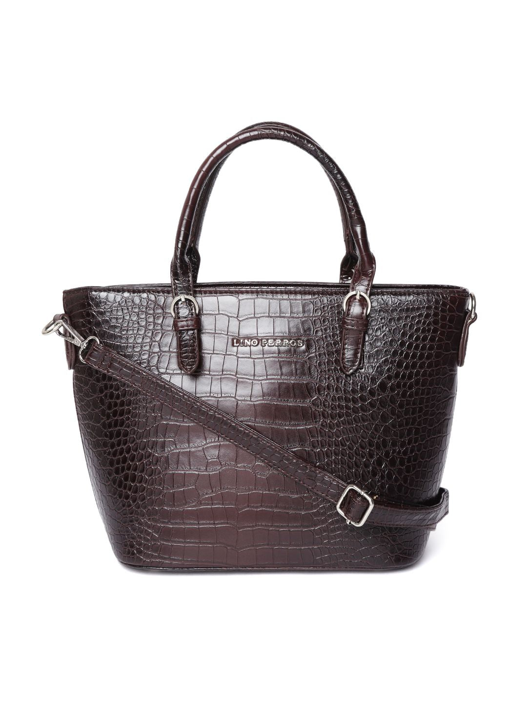 Lino Perros Coffee Brown Croc Textured Handheld Bag