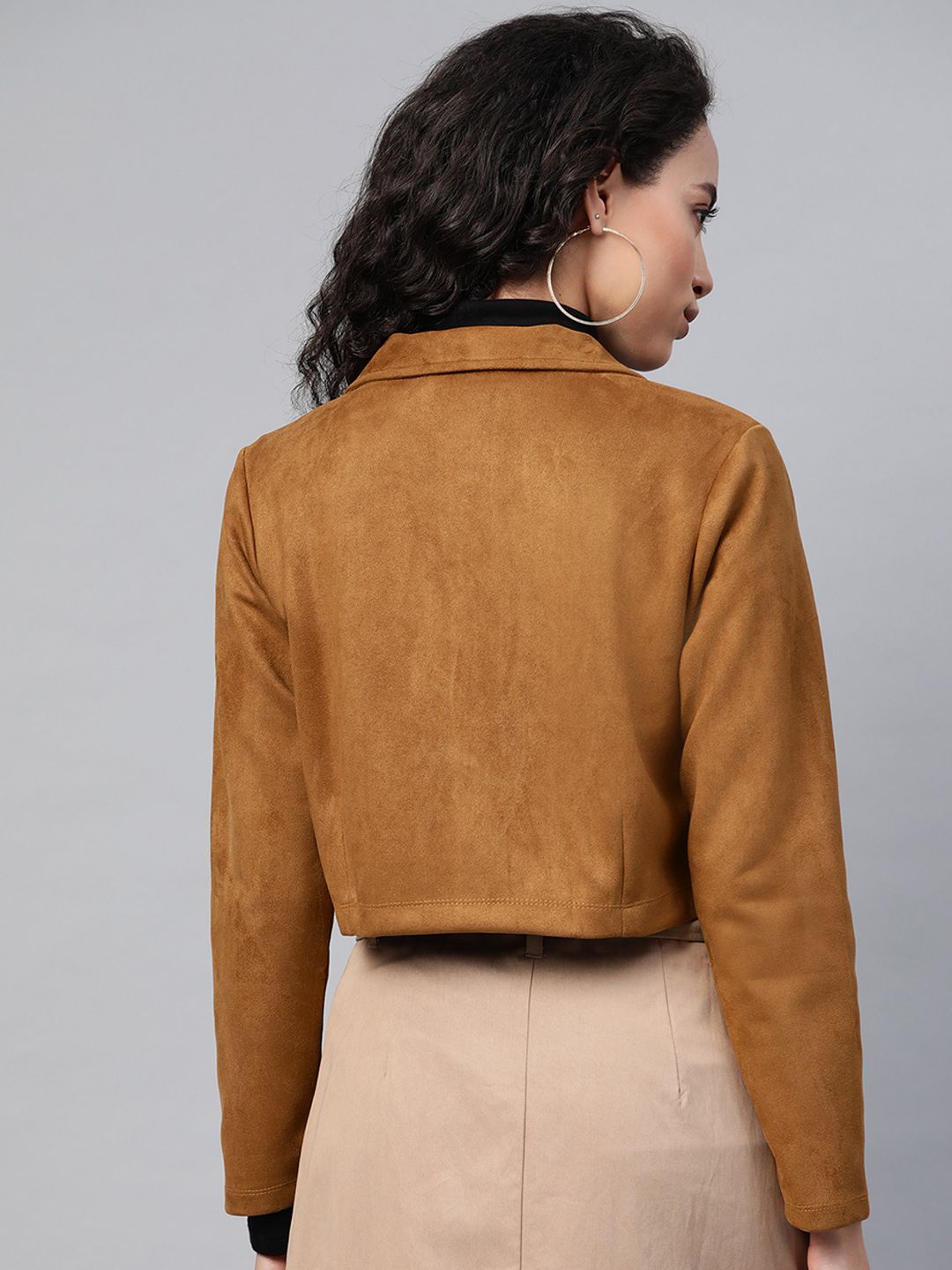 SASSAFRAS Women Brown Comfort Fit Suede Finish Double-Breasted Cropped Blazer