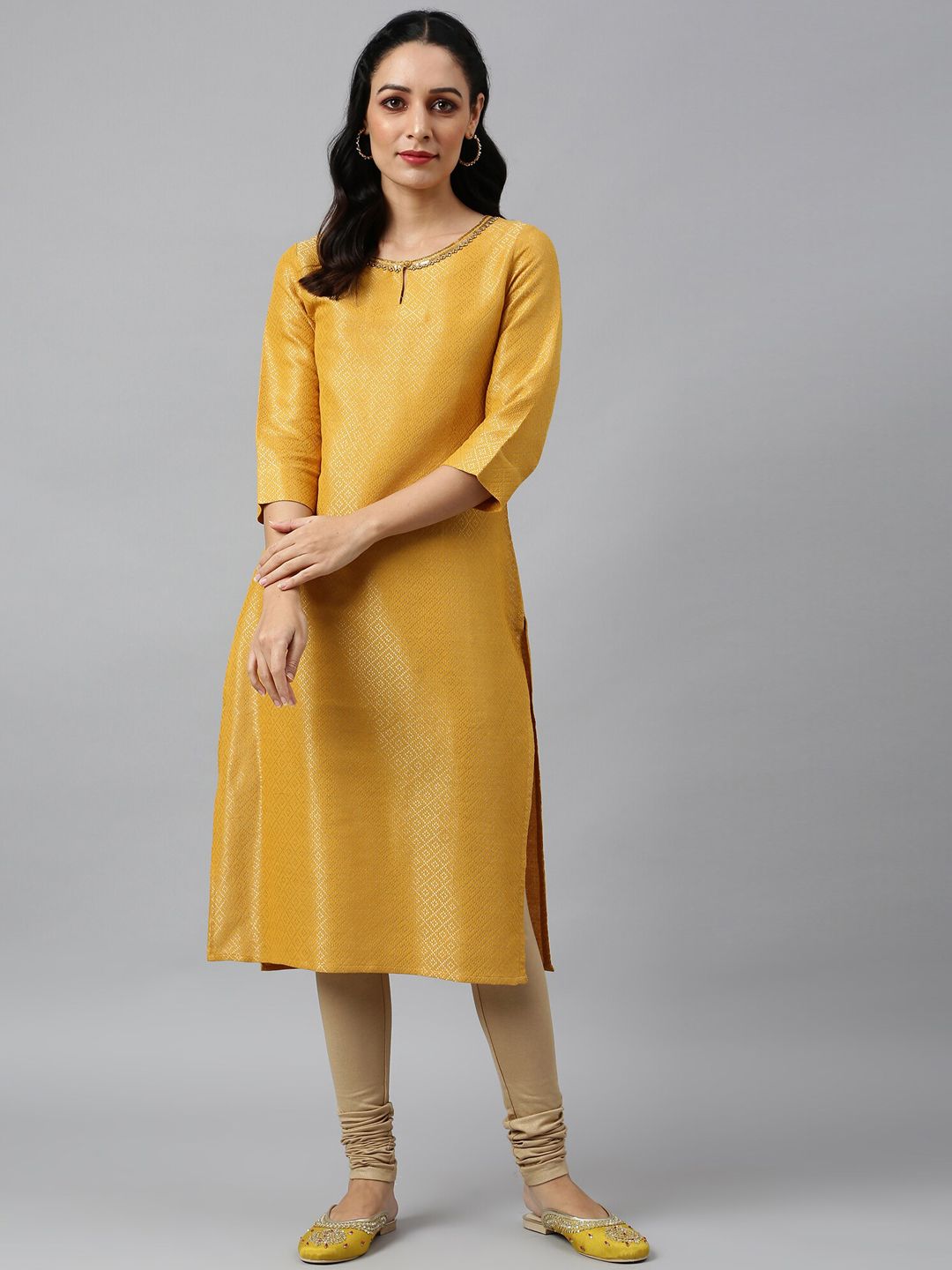 W Women Yellow Keyhole Neck Thread Work Asymmetric Kurta