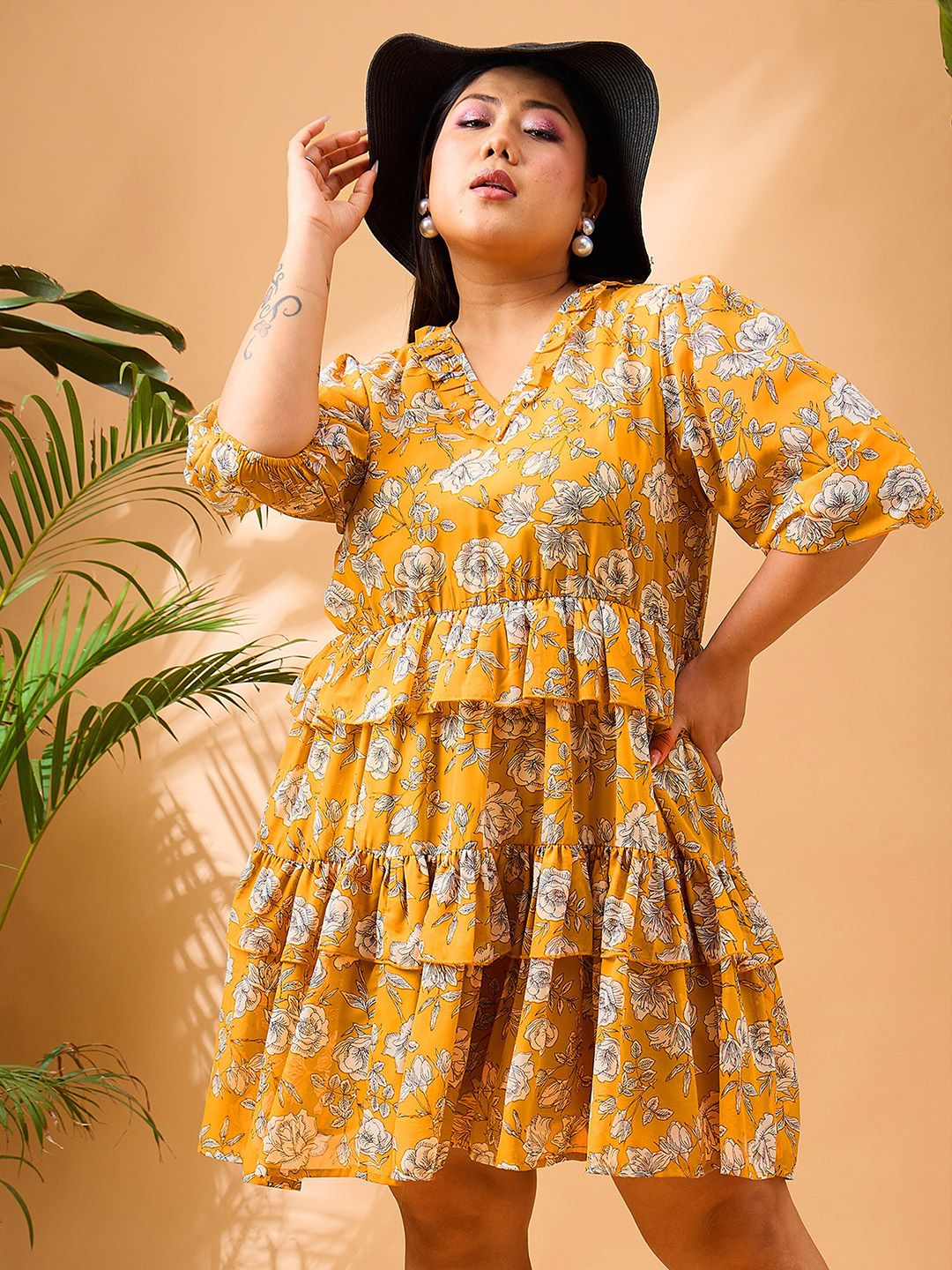 Lengkung sassafras ditambah saiz bunga v-neck sedutan lengan ruffle georgette a-line gaun