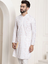 SOJANYA Lelaki White Geometric Printed Thread Work Kurta