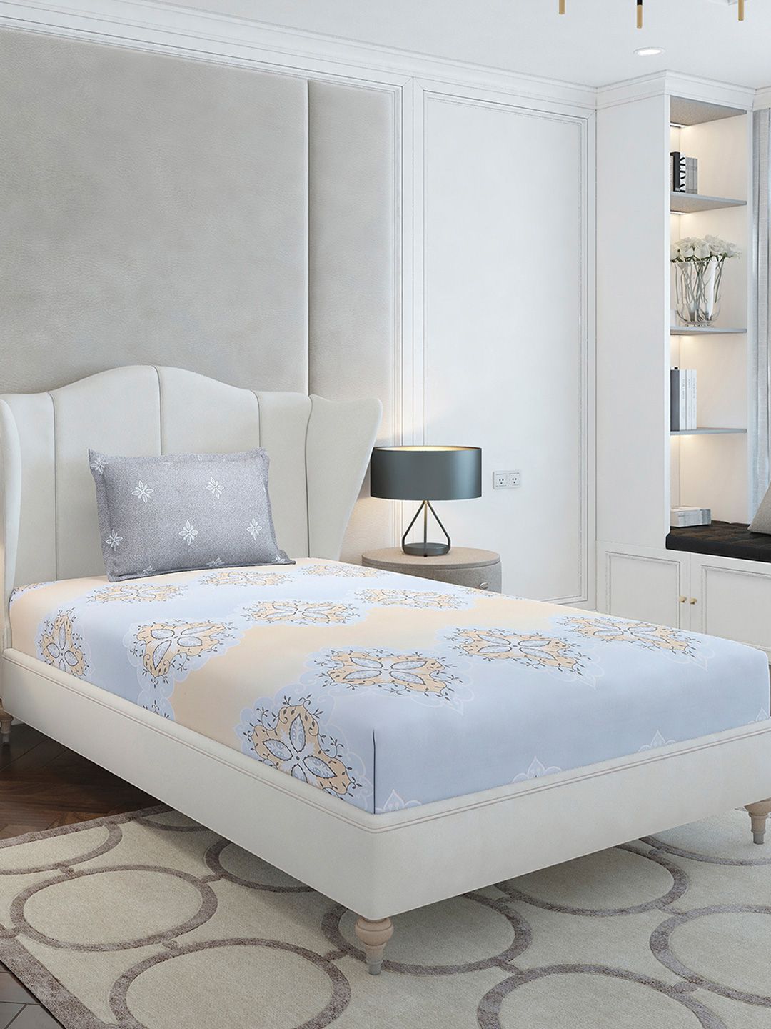 Monte Carlo Grey & Blue Ethnic Motifs Cotton 144 TC Single Bedsheet Set-2.29 m x 1.52 m