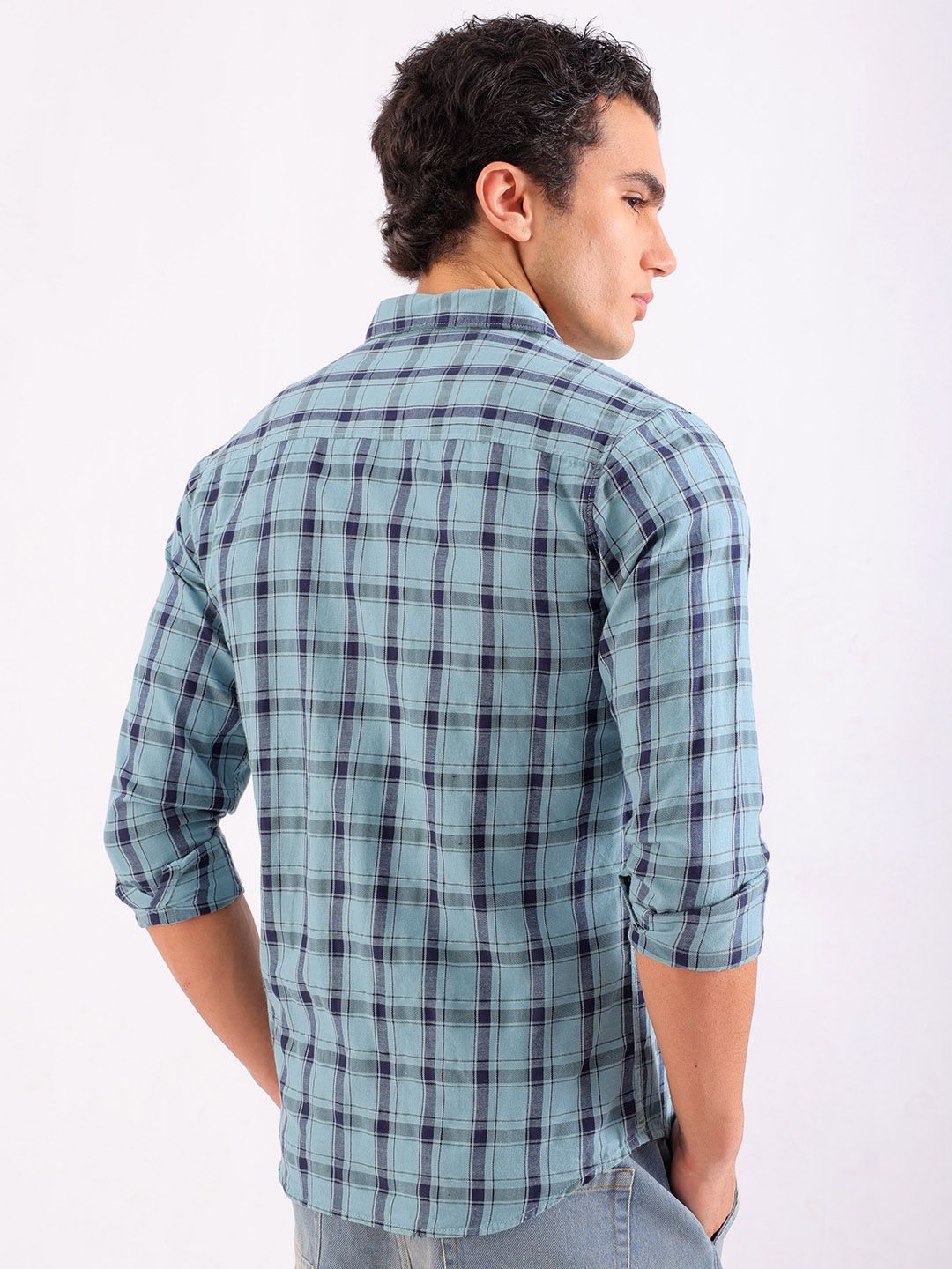 The Indian Garage Co Men Blue & Black Tartan Checks Casual Shirt