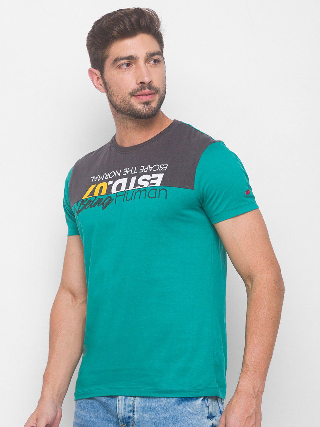 Being Human Men Green & Grey Typography Printed T-shirt
