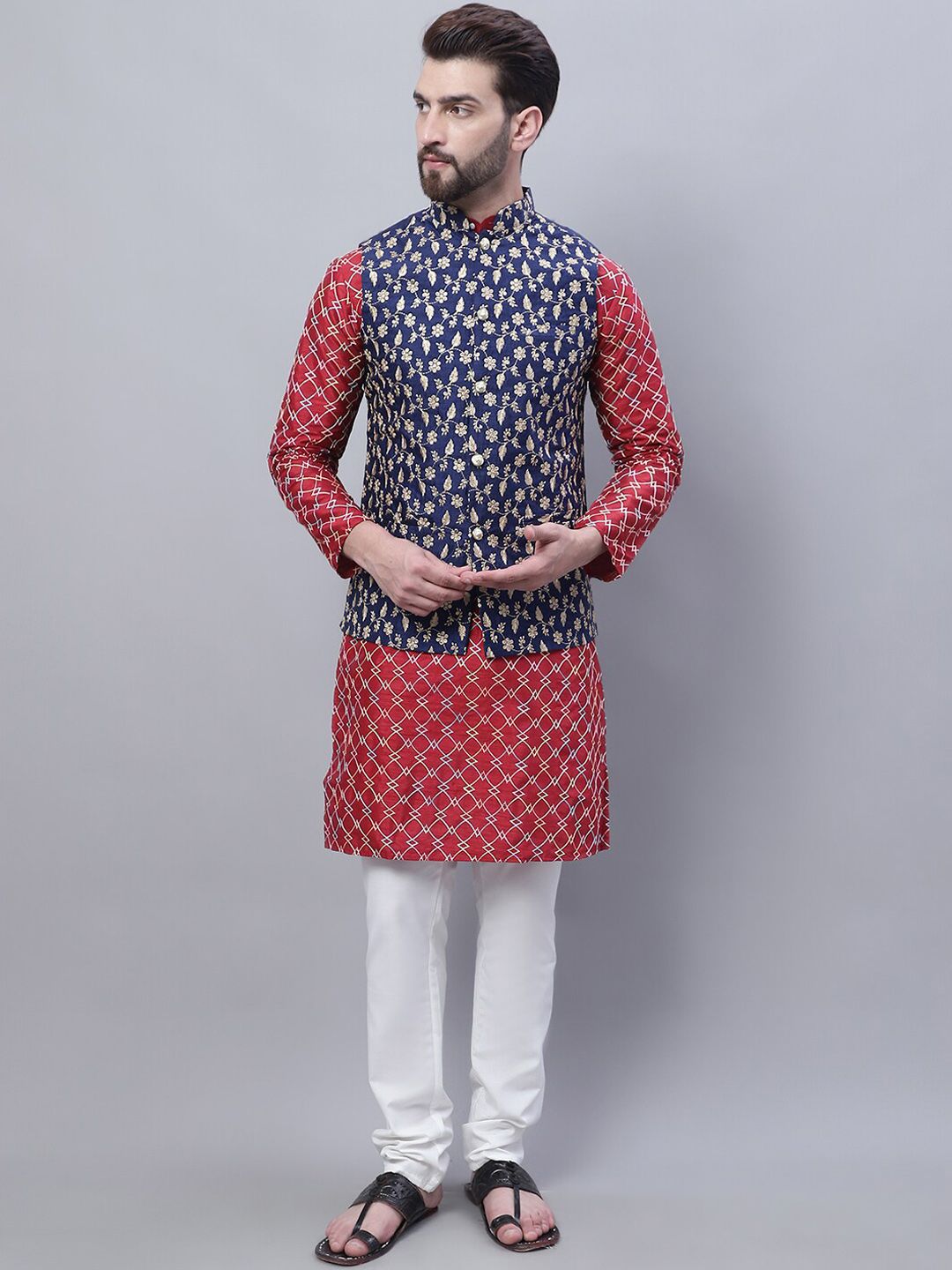 SOJANYA Embroidered Thread Work Kurta With Churidar With Nehru Jacket