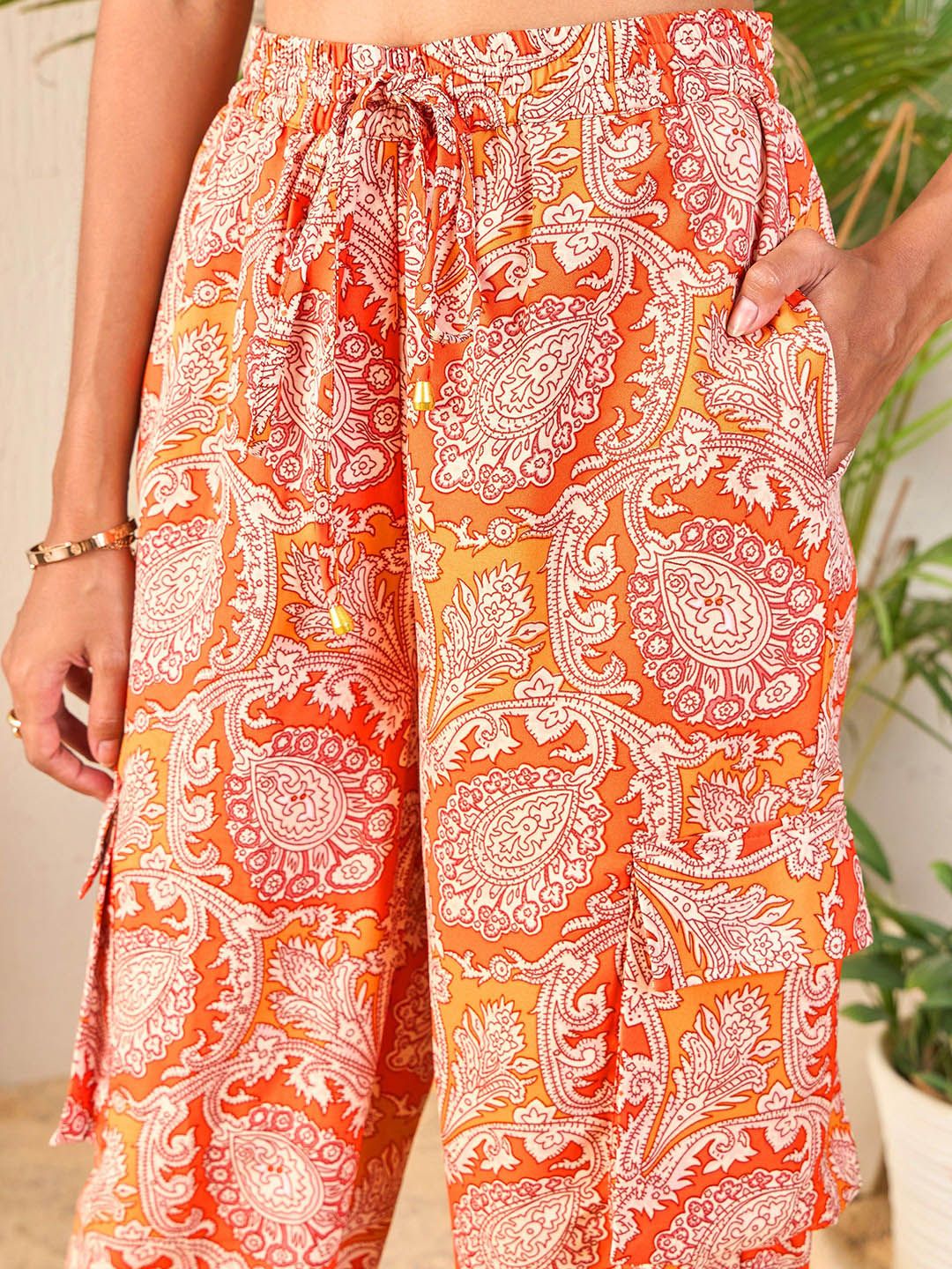 SASSAFRAS Orange Paisley Printed Shirt With Joggers Co-Ords