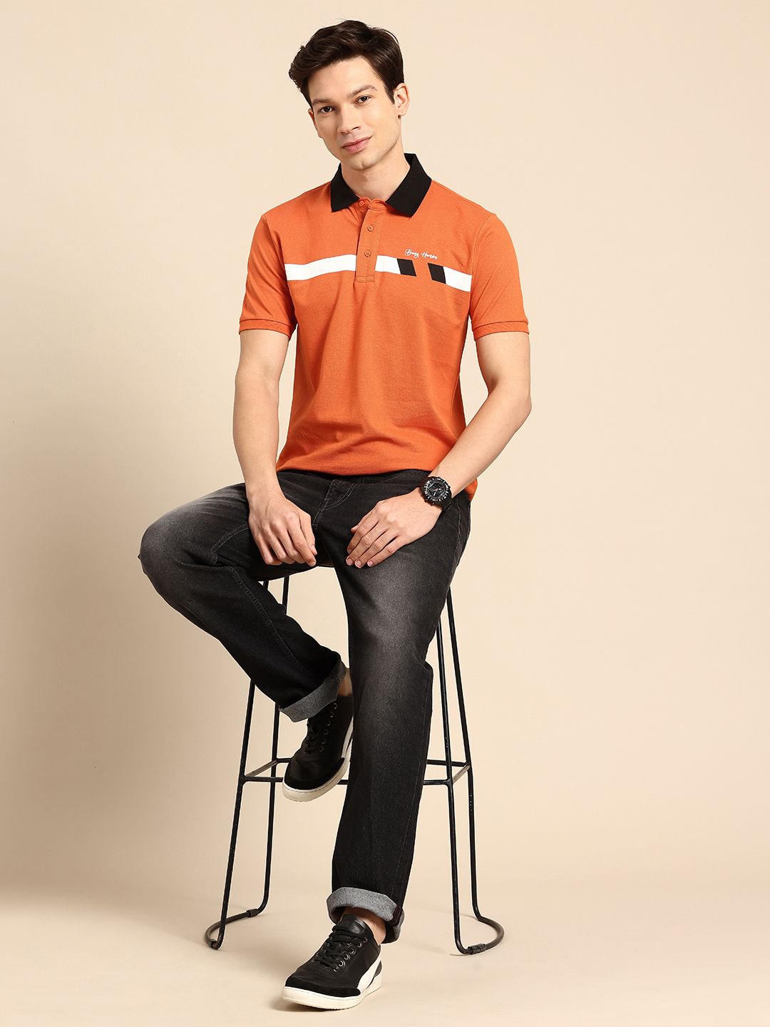 Being Human Pure Cotton Striped Polo Collar T-shirt