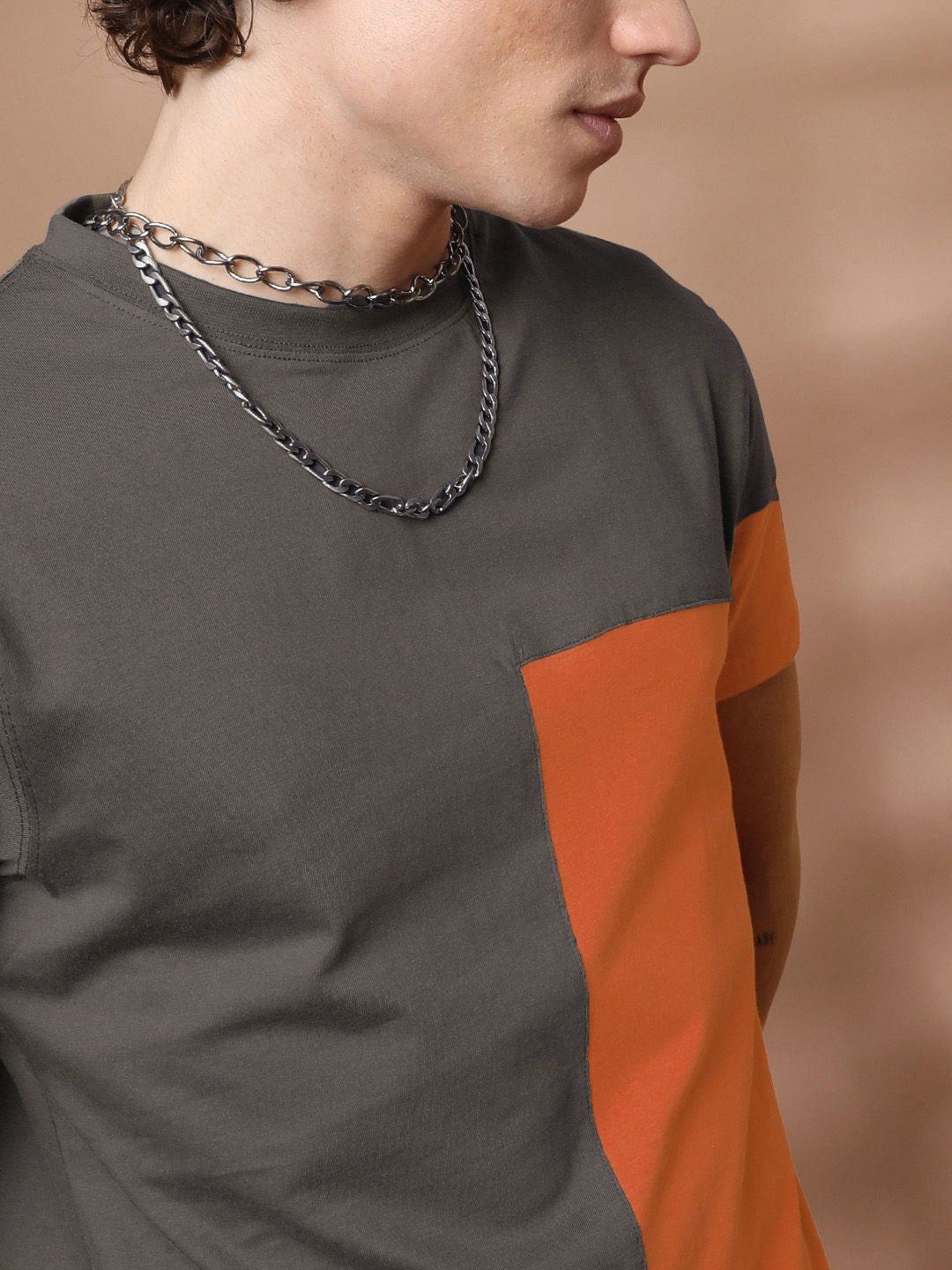 The Indian Garage Co Men Grey  Orange Colourblocked Round Neck Pure Cotton T-shirt