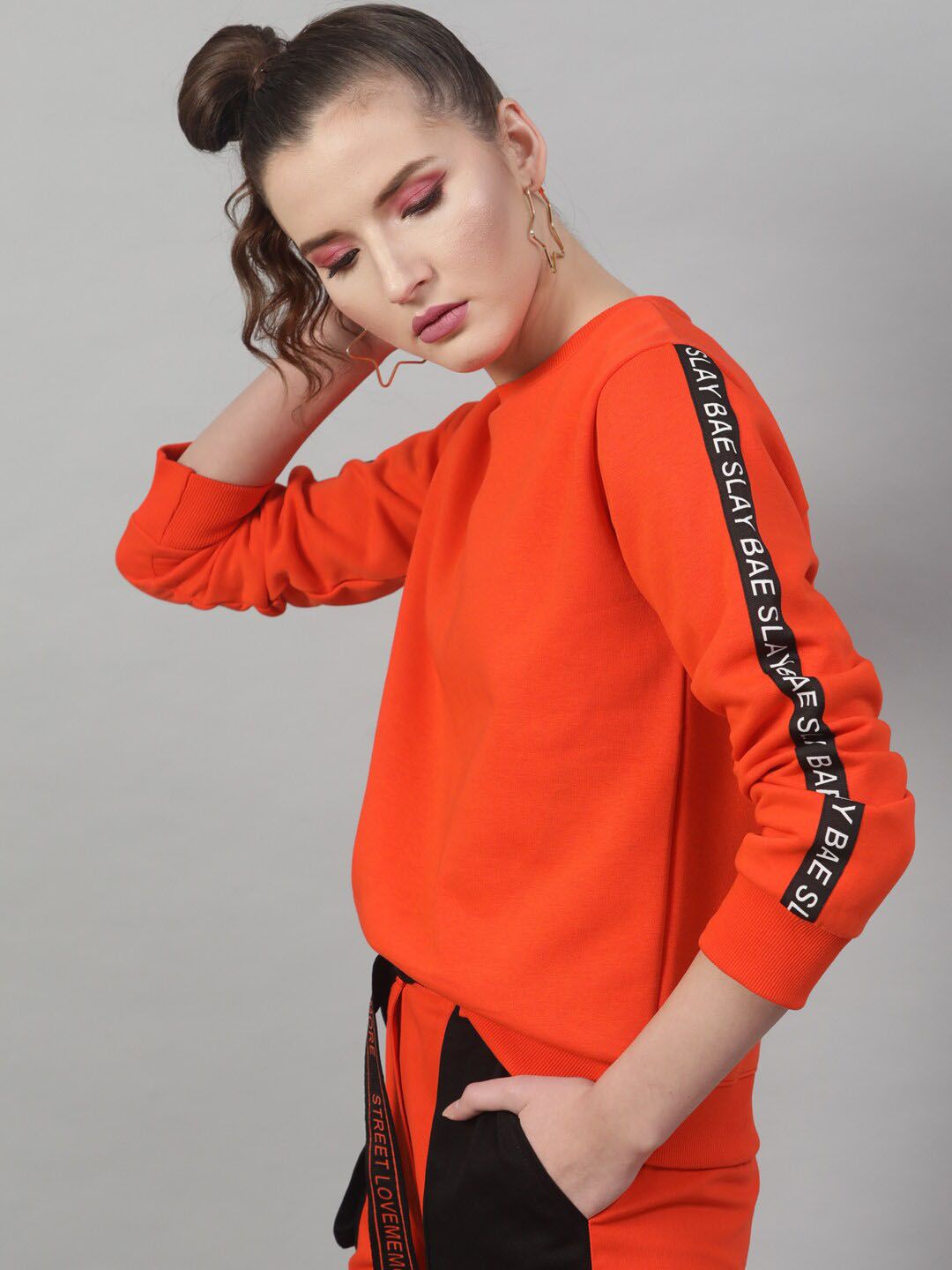 STREET 9 Women Pure Cotton Orange Solid Sweatshirt