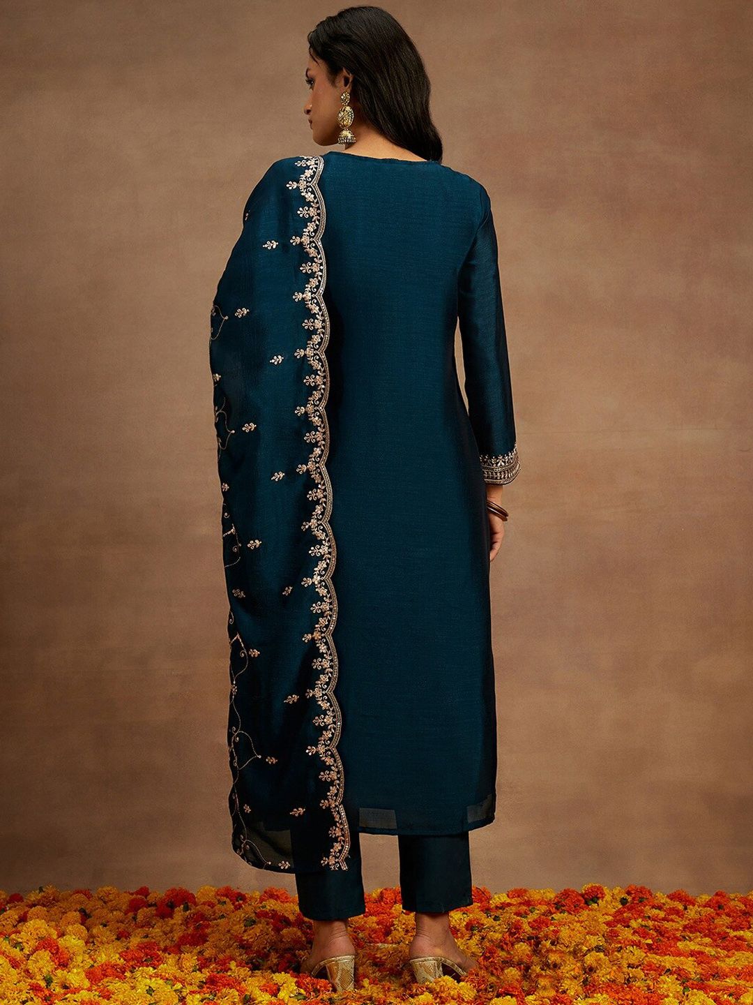 Libas Yoke Design Sequinned Straight Kurta with Trousers & With Dupatta