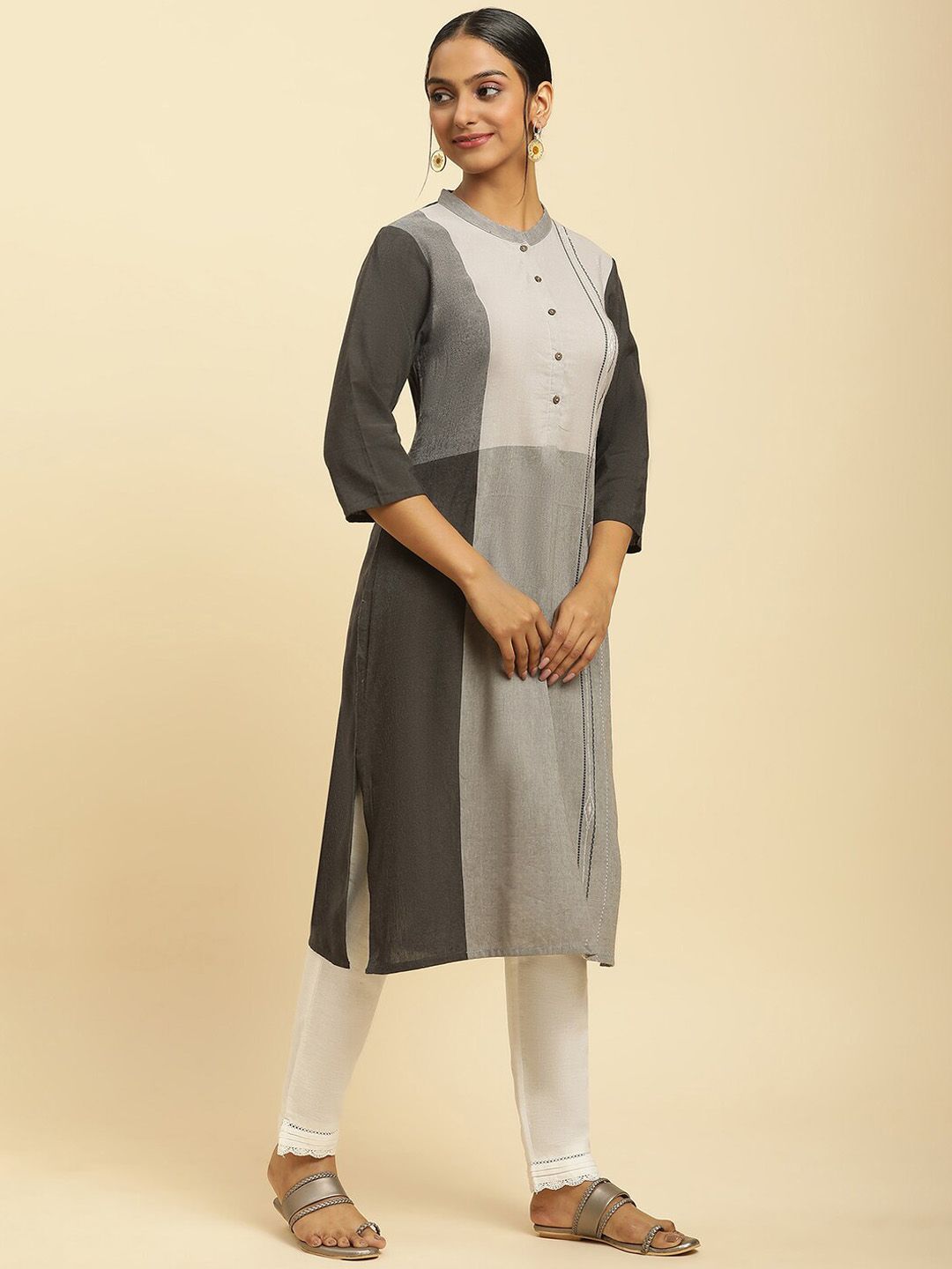 W Grey Mandarin Collar Straight Kurta