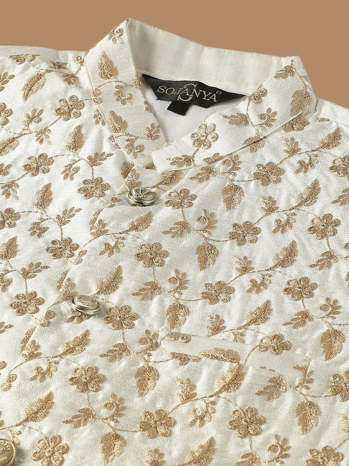 SOJANYA Ethnic Embroidered Sequinned Pure Cotton Kurta & Churidar With Nehru Jacket