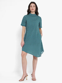 Rareism High Neck Printed Cotton A-Line Dress