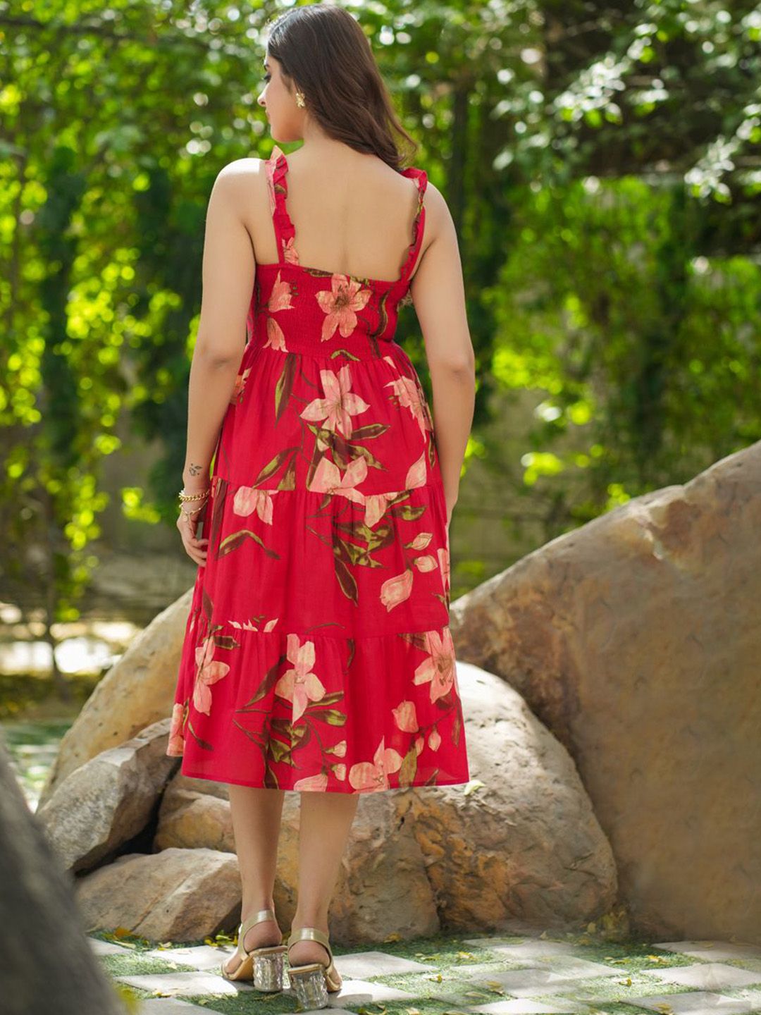 Rain & Rainbow Floral Printed Shoulder Straps Pure Cotton Fit & Flared Midi Dresses