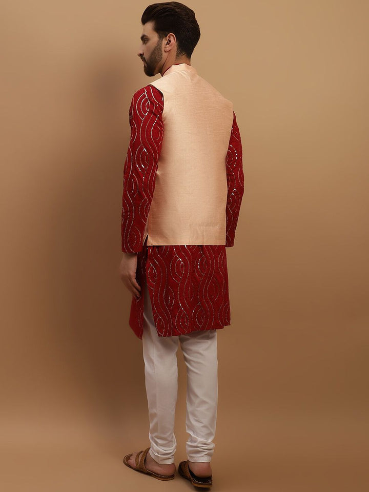 SOJANYA Ethnic Motifs Embroidered Sequined Pure Cotton Kurta with Churidar & Nehru Jacket