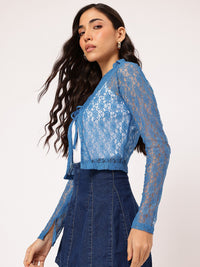 DressBerry Sunkissed-Style Front-Open Tie-Up Neck Sheer Lace Shrug