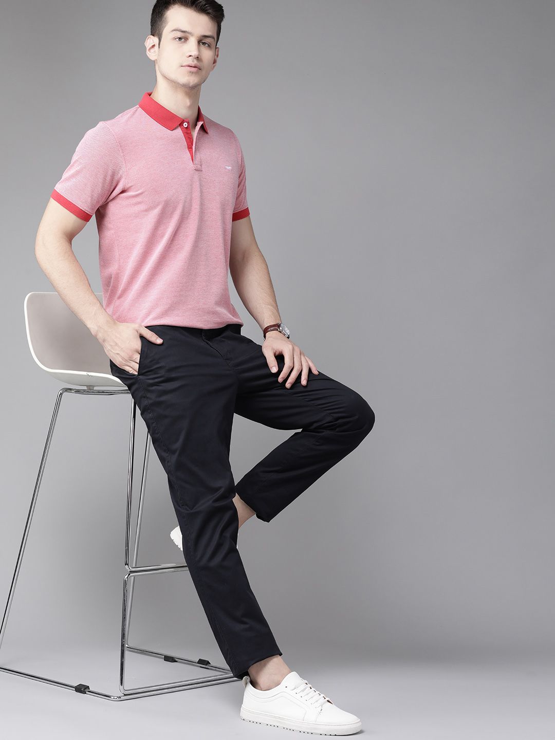 Park Avenue Men Red Solid Polo Collar Slim Fit T-shirt