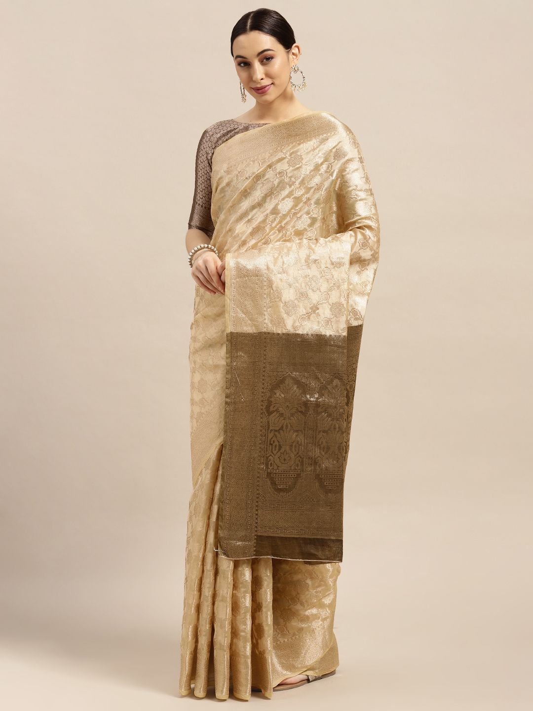 Saree mall Cream-Coloured Floral Silk Blend Banarasi Saree