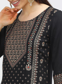 Vishudh Women Black & Gold-Coloured Ethnic Motifs Printed Kurta with Trousers