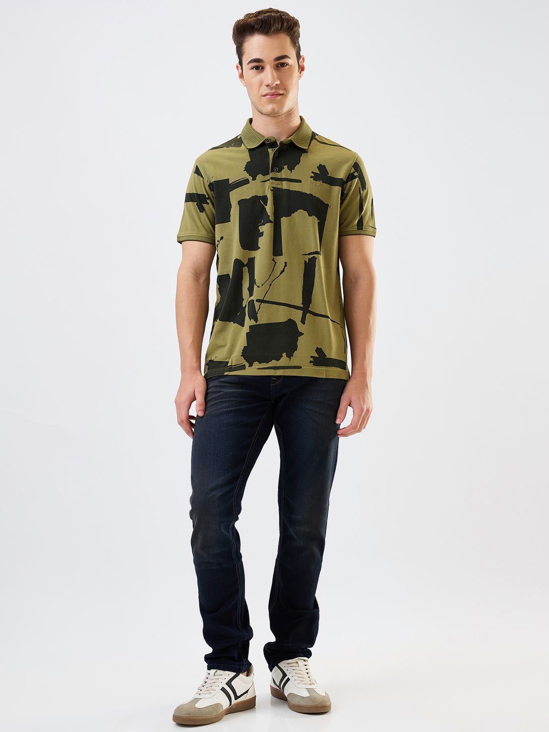 SPYKAR Men Abstract Printed Polo Collar Cotton Slim Fit T-shirt