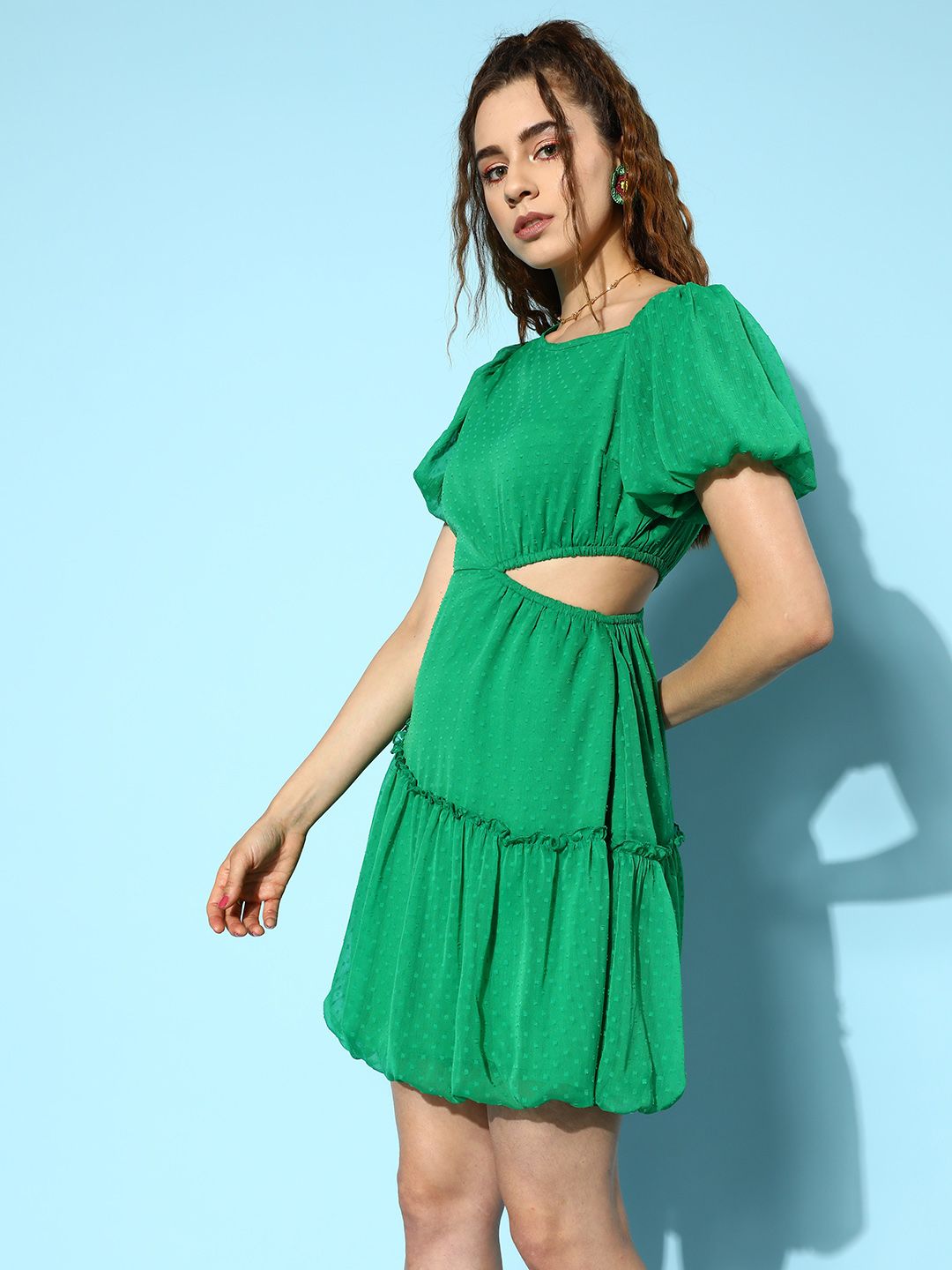 Antheaa Self Design Puff Sleeve Chiffon Fit & Flare Mini Dress