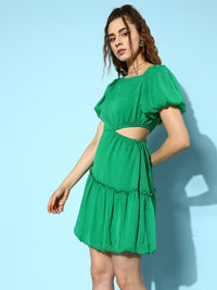 Antheaa Self Design Puff Sleeve Chiffon Fit & Flare Mini Dress