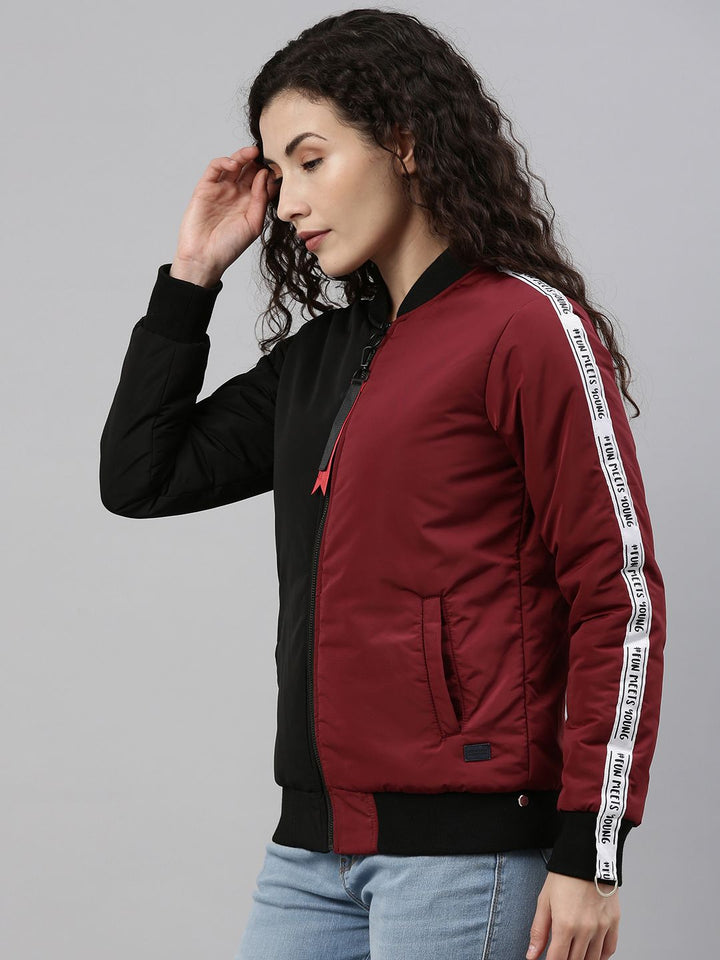 Campus Sutra Women Black& Maroon Colourblocked Windcheater Outdoor Bomber Jacket