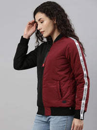 Campus Sutra Women Black& Maroon Colourblocked Windcheater Outdoor Bomber Jacket