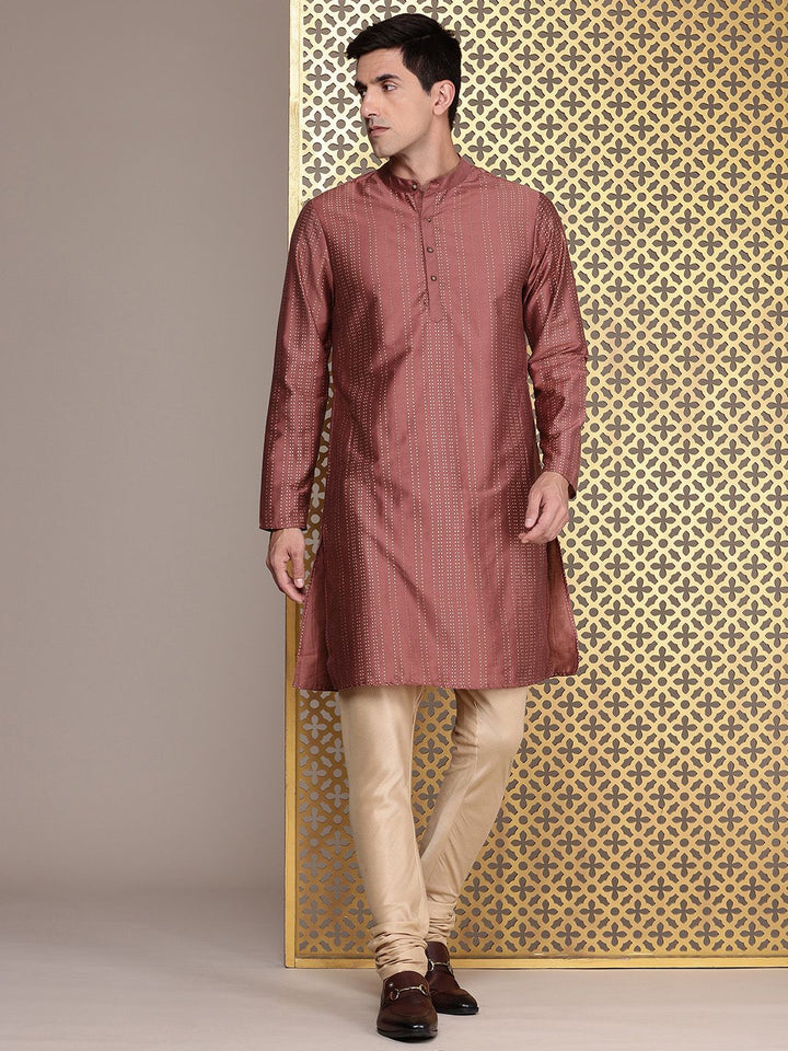 House of Pataudi Band Collar Striped Straight Rozana Kurta