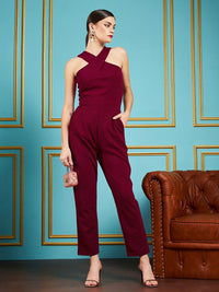 SASSAFRAS Maroon Halter Neck Basic Jumpsuit