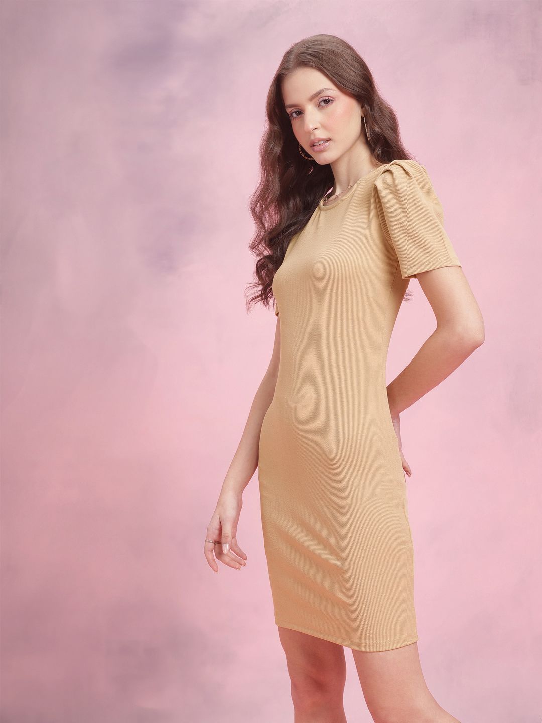 DressBerry Puff Sleeves Ribbed Bodycon Midi Dress