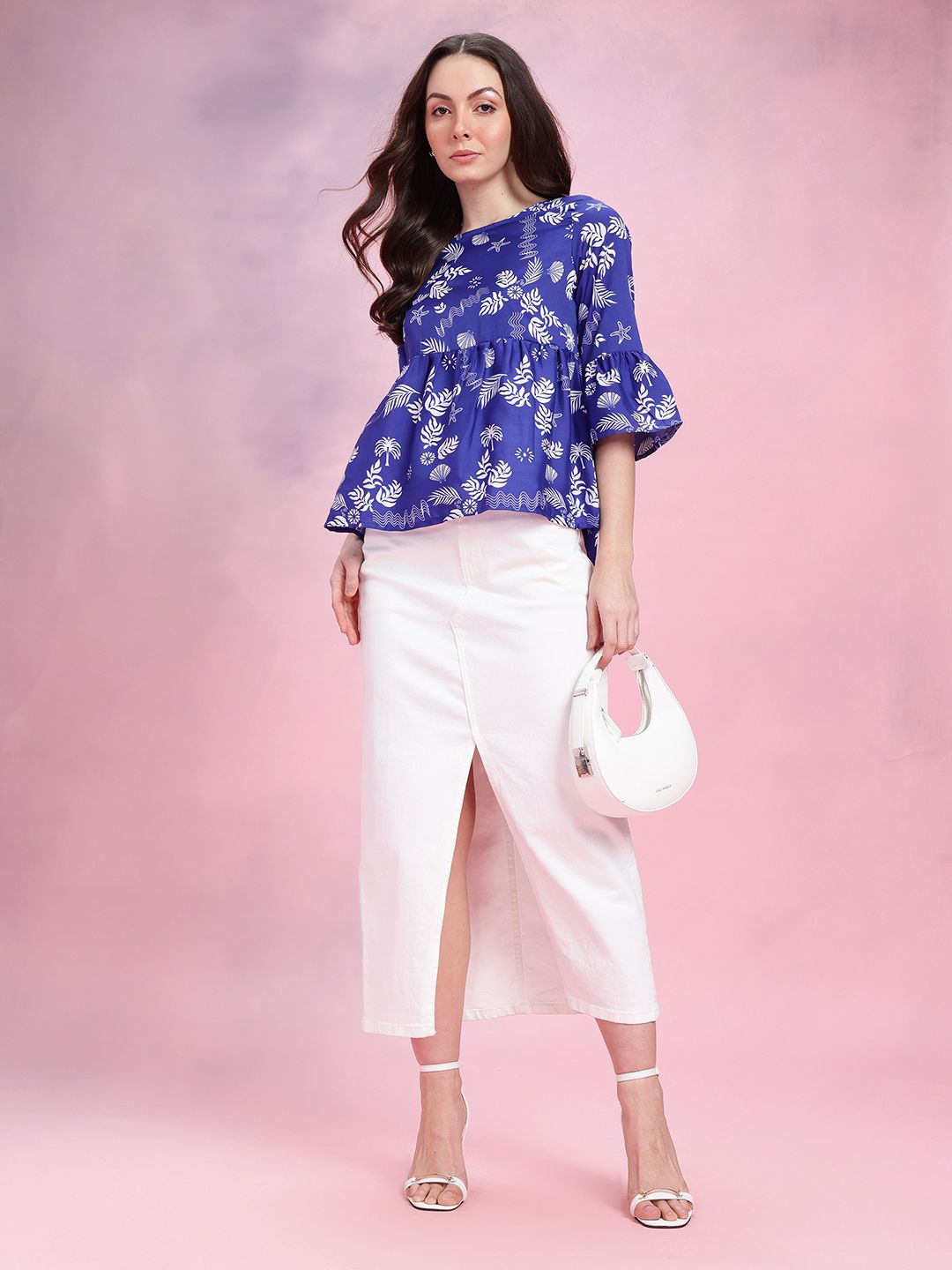 DressBerry Tropical Print Gathered Detail Bell Sleeves Peplum Top