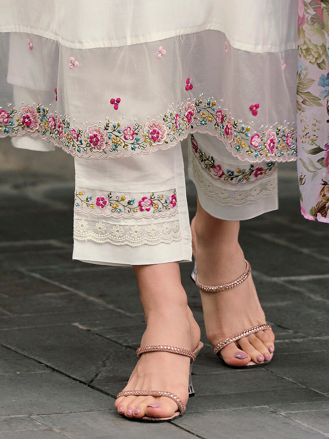 Indo Era Floral Embroidered Thread Work A-Line Kurta With Trousers & Dupatta